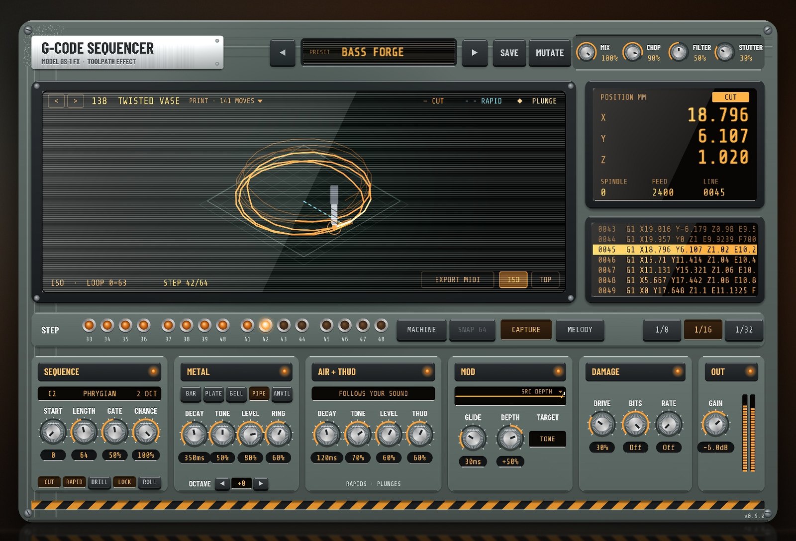 G-Code Sequencer FX printing a twisted vase with the Bass Forge preset