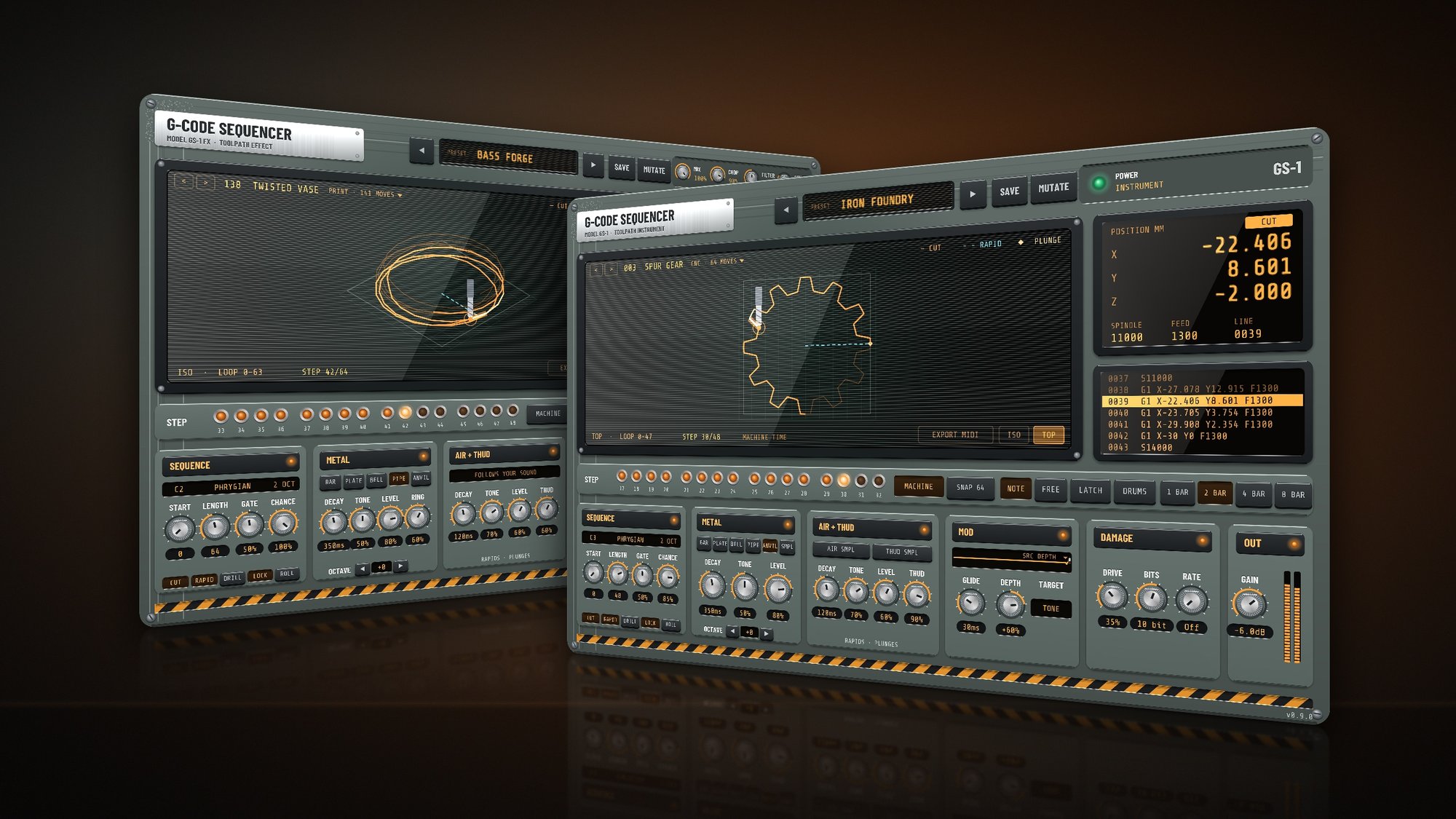 G-Code Sequencer instrument and FX versions side by side, one cutting a spur gear, one printing a twisted vase